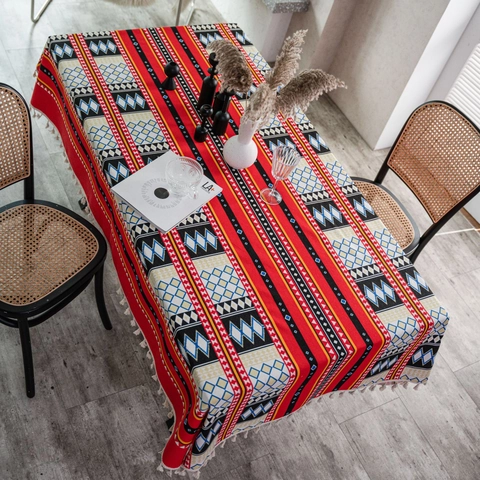 Nappe en Mélange Coton et Lin Style Ethnique Bohème Nappe Rectangulaire Imprimé Géométrique Avec Bordure à Glands Pour Maison