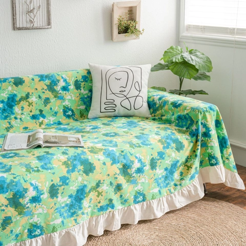 Cubre Sofá Con Estampado Floral Abstracto Y Borde De Volantes Mezcla De Algodón Y Lino Manta Decorativa Protector De Muebles Hogar