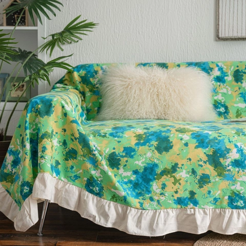 Cubre Sofá Con Estampado Floral Abstracto Y Borde De Volantes Mezcla De Algodón Y Lino Manta Decorativa Protector De Muebles Hogar