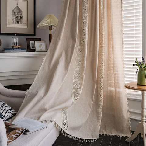 American Vintage Bohemian Floral Lace Tassel Curtain Linen Textured Semi Blackout Window Drapes For Bedroom Living Room Decor