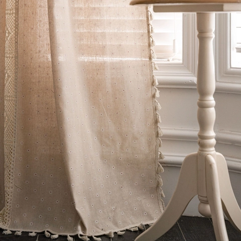 American Vintage Bohemian Floral Lace Tassel Curtain Linen Textured Semi Blackout Window Drapes For Bedroom Living Room Decor