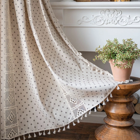 Rideau Vintage Français en Coton et Lin Avec Dentelle Évidée Bordure à Glands Rideau Semi Occultant pour Décoration Maison