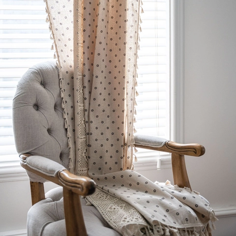 Rideau Vintage Français en Coton et Lin Avec Dentelle Évidée Bordure à Glands Rideau Semi Occultant pour Décoration Maison