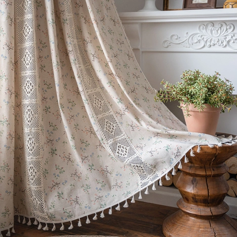 Vintage Amerikanisches Landhaus Blumen Baumwolle Leinen Vorhänge Mit Hohl Gehäkelter Spitze Patchwork Und Quasten