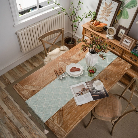 Camino de Mesa Geométrico Nórdico Con Borlas Mezcla de Poliéster y Algodón Jacquard Patrón de Ondas para Mesa de Comedor Decoración del Hogar Mantel Largo