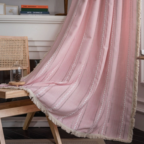 Bohemian Vintage Stripe Embroidered Window Curtains With Tassels Semi Shading Polyester Rod Pocket Curtains For Home Decor