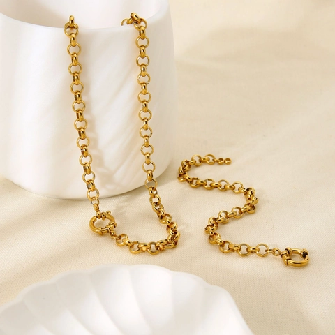 Minimalista Acciaio Inossidabile Placcato Oro 18K Rolo Catena a O Collana Bracciale Impermeabile Gioielli Per Donna