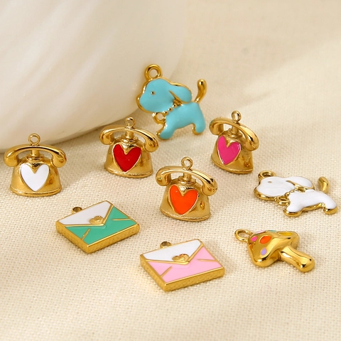Stainless Steel Enamel Cartoon Pendant Cute Puppy Envelope Telephone Mushroom Charms DIY Jewelry Making Accessories