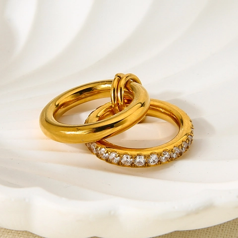 18K Gold Plated Stainless Steel Double Layered Interlocking Zirconia Rings For Women Minimalist Luxury Waterproof Jewelry