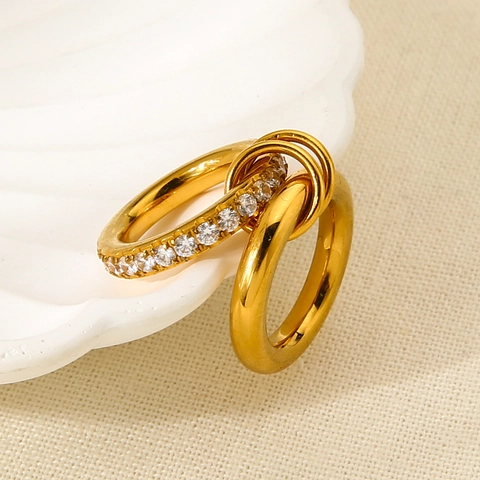 18K Gold Plated Stainless Steel Double Layered Interlocking Zirconia Rings For Women Minimalist Luxury Waterproof Jewelry