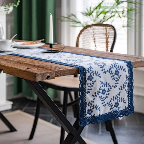 Pastoral Cotton Blend Table Runner with Blue Floral Print and Lace Trim for Dining Room Wedding Party Home Decor