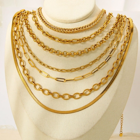 Collier Chaîne en Acier Inoxydable Plaqué Or 18K pour Femmes Minimaliste Serpent Trombone Figaro Blé Bijoux de Base DIY Cadeau