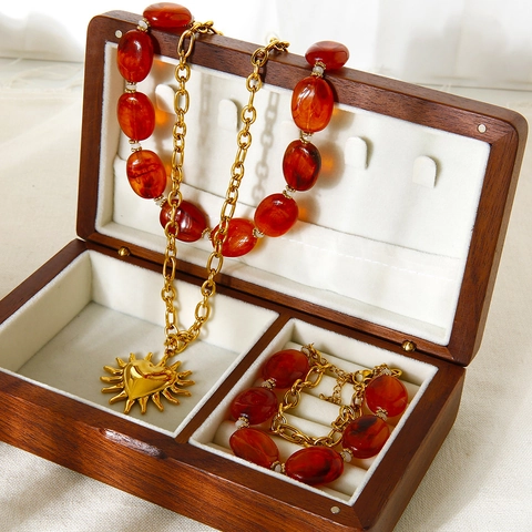 Vintage Bohemian Stainless Steel Double Layer Necklace And Bracelet Heart Sunflower Pendant Amber Acrylic Beaded Jewelry