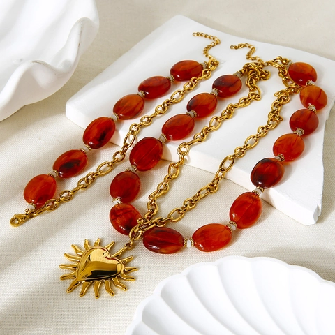 Vintage Bohemian Stainless Steel Double Layer Necklace And Bracelet Heart Sunflower Pendant Amber Acrylic Beaded Jewelry