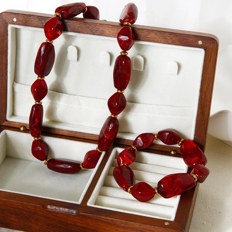 Onregelmatige Donkerrood Acryl Kralen Halsketting Armband Set Roestvrij Staal Hematiet Spacer Verguld Vintage Sieraden Vrouwen
