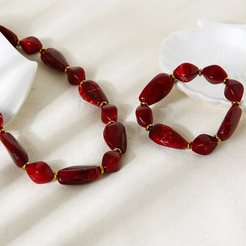 Onregelmatige Donkerrood Acryl Kralen Halsketting Armband Set Roestvrij Staal Hematiet Spacer Verguld Vintage Sieraden Vrouwen