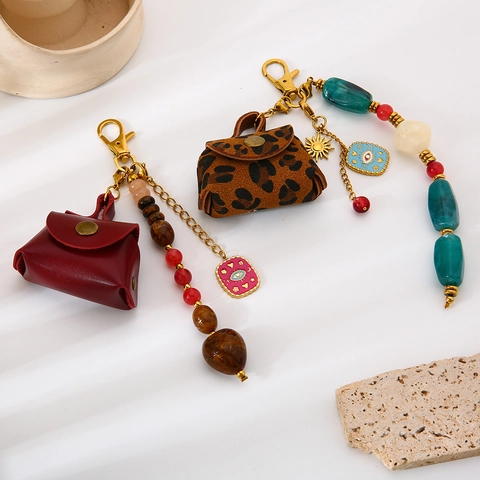 Stainless Steel Evil Eye Mini Bag Keychain For Women Gold Plated Leopard Pattern Bag Charm Bead Decor Jewelry Accessory