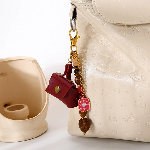 Stainless Steel Evil Eye Mini Bag Keychain For Women Gold Plated Leopard Pattern Bag Charm Bead Decor Jewelry Accessory