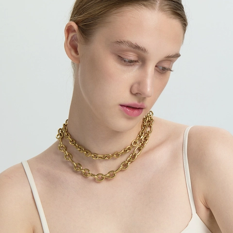 Collar de Cadena Cubana de Acero Inoxidable Chapado en Oro 18K Impermeabile Con Broche de Palanca OT Joyería Hip Hop Mujer
