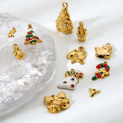 Stainless Steel Christmas Pendant Charms For DIY Jewelry Making Gold Plated Enamel Santa Claus Tree Reindeer Stocking Bell