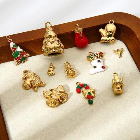 Stainless Steel Christmas Pendant Charms For DIY Jewelry Making Gold Plated Enamel Santa Claus Tree Reindeer Stocking Bell