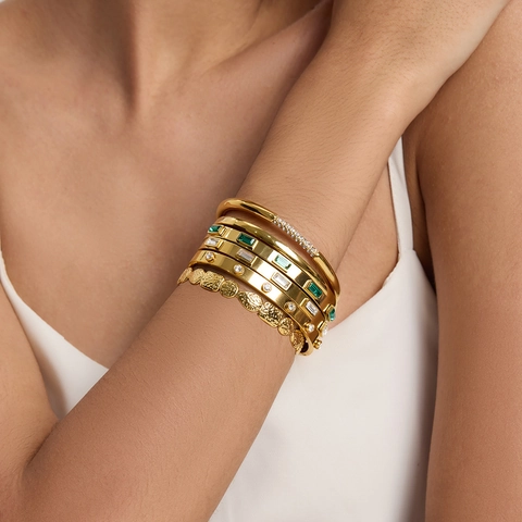 Light Luxury Geometric Zirconia Stainless Steel Bangle For Women 18K Gold Plated Waterproof Stackable Jewelry Accessory