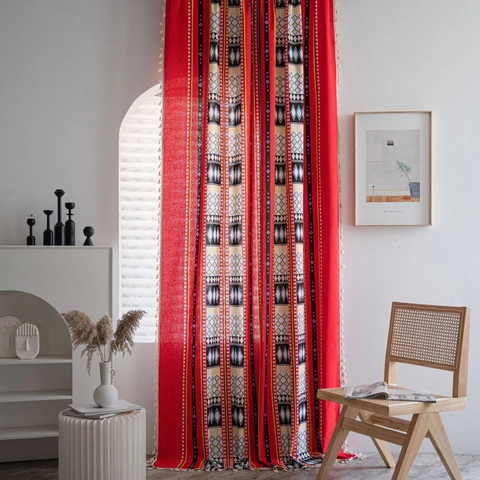 Bohemian Ethnic Red Geometric Printed Cotton Linen Blend Curtains With Tassels Semi-Blackout Window Drapes Home Decor