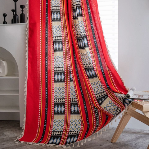Bohemian Ethnic Red Geometric Printed Cotton Linen Blend Curtains With Tassels Semi-Blackout Window Drapes Home Decor