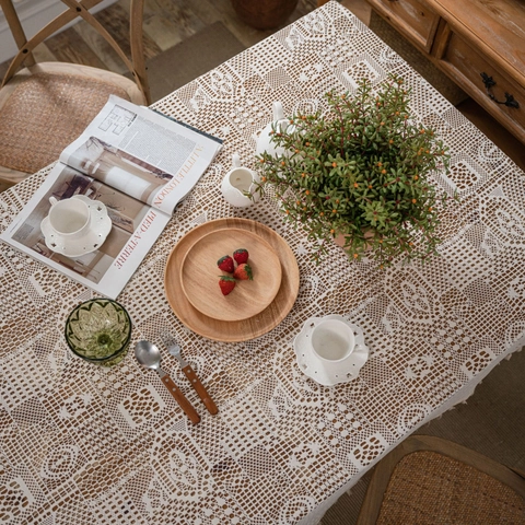 Nappe Vintage en Coton au Crochet Ajouré Motif Floral Géométrique Avec Glands Couverture de Table Rectangulaire Beige Pastoral