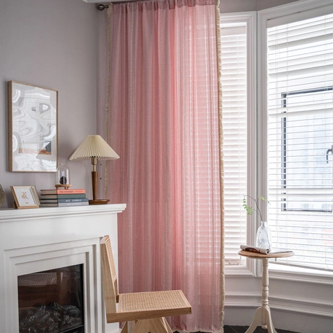 Bohemian Vintage Stripe Embroidered Window Curtains With Tassels Semi Shading Polyester Rod Pocket Curtains For Home Decor