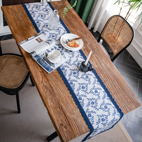 Pastoral Cotton Blend Table Runner with Blue Floral Print and Lace Trim for Dining Room Wedding Party Home Decor