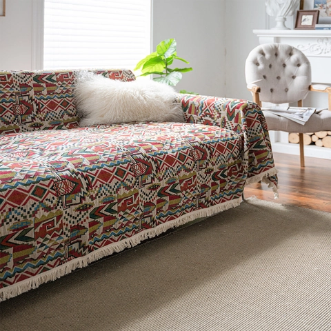 Copridivano Jacquard Geometrico Bohemien Con Nappine Coperta Divano in Misto Cotone Spesso Protezione Antipolvere Casa Decor