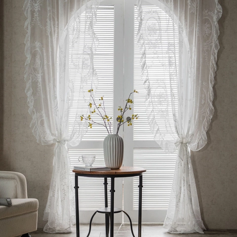 White Lace Curtains With Floral Embroidery And Ruffle Edge French Vintage Light Filtering Sheer Voile Window Curtains