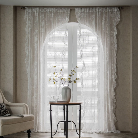 White Lace Curtains With Floral Embroidery And Ruffle Edge French Vintage Light Filtering Sheer Voile Window Curtains