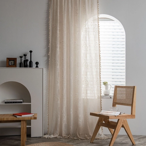 Cortina Estilo Bohemio de Ganchillo Calada Poliéster Beige Geométrico Floral Semi Sombreado Con Borlas Decoración
