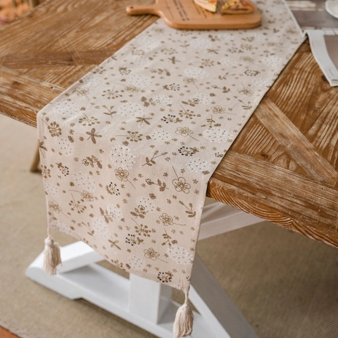Runner da Tavolo Pastorale Minimalista Moderno con Stampa di Denti di Leone e Nappe Bianche in Misto Cotone Poliestere Decorativo con Motivo Floreale e Marmoreo