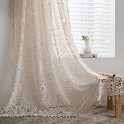 Cortina Estilo Bohemio de Ganchillo Calada Poliéster Beige Geométrico Floral Semi Sombreado Con Borlas Decoración