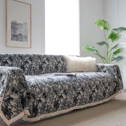 Copridivano Vintage Stile Country Americano Giungla Leopardo con Nappine Frange Jacquard Coperta in Misto Cotone Spessa Arredamento Casa