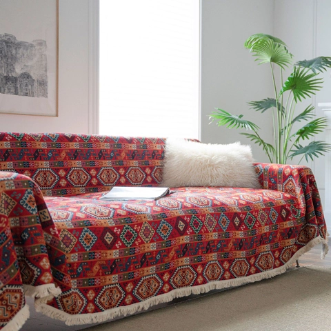 Copridivano Jacquard Bohémien Con Frange Spesso Coperta per Divano Motivo Etnico Geometrico Floreale Decorazione Casa