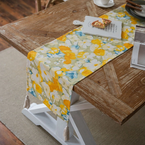 Pastoral Floral Table Runner Polyester Cotton Printed Table Runner With Tassels Farmhouse Style Home Dining Table Decoration