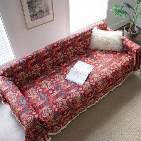 Copridivano Jacquard Bohémien Con Frange Spesso Coperta per Divano Motivo Etnico Geometrico Floreale Decorazione Casa