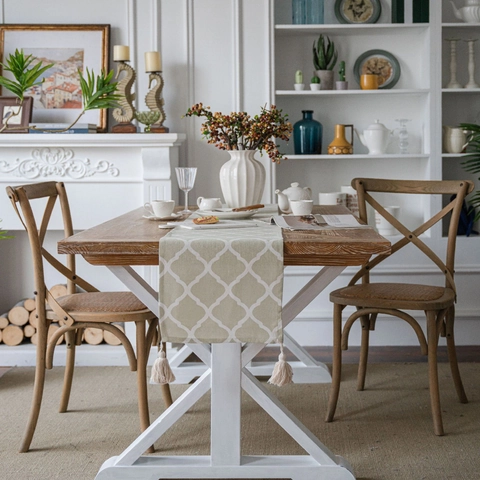 Pastoral Geometric Floral Table Runner With Tassels Cotton Polyester Blend Modern Farmhouse Dining Room Table Decor Tablecloth