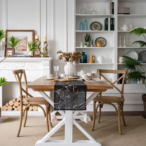 Camino de Mesa Estampado de Mármol Mínimalista Moderno Con Borlas Camino de Mesa de Mezcla de Algodón para Decoración de Mesa