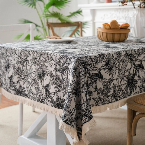 Vintage Amerikaanse Toile De Jouy Tafelkleed Met Franjes Tropische Jungle Dierenpatroon Polyester Katoen Rechthoekige Tafelhoes