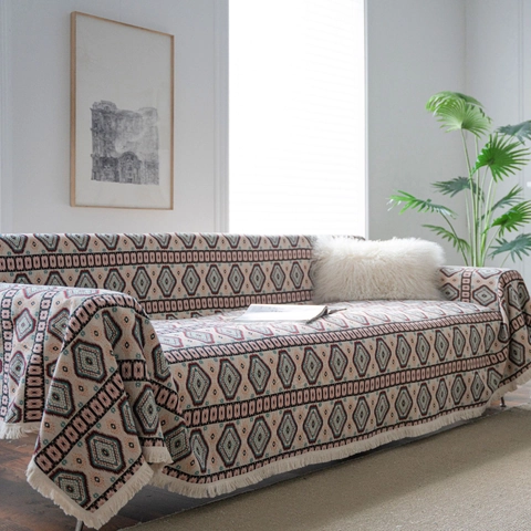 American Rustic Bohemian Geometric Jacquard Sofa Cover Thick Polyester Cotton Furniture Protector Slipcover With Tassel Fringe