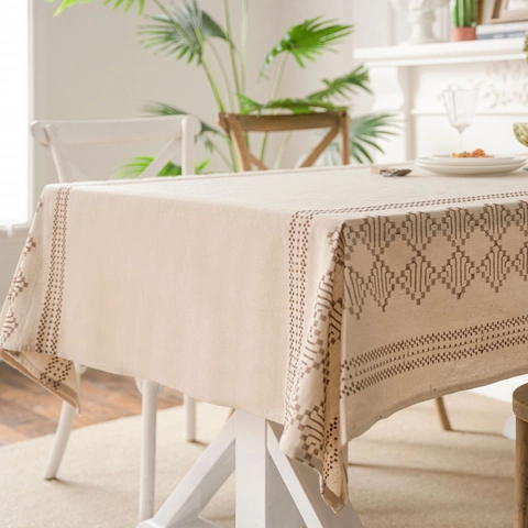 Mantel de Algodón y Lino con Bordado Geométrico Rectangular Antipolvo Decorativo Cubierta de Mesa para Comedor Cocina Hogar Decoración