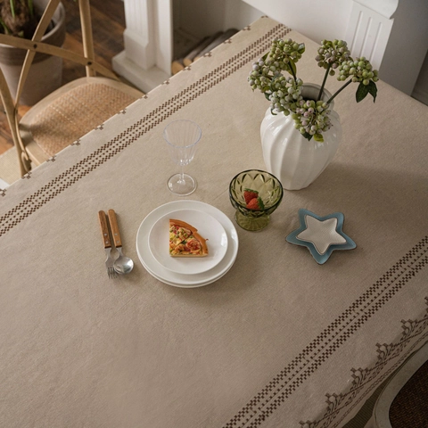 Mantel de Algodón y Lino con Bordado Geométrico Rectangular Antipolvo Decorativo Cubierta de Mesa para Comedor Cocina Hogar Decoración