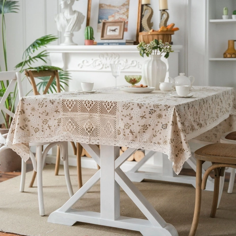 Rustikale Baumwolle Leinen Tischdecke Mit Blumendruck Und Hohlgehäkelter Spitze Vintage Rechteckige Esstisch Abdeckung