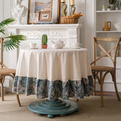 Amerikaanse Retro Ronde Tafelkleed Gespleten Katoen Beige Blauw Bloemen Roffelrand Eettafel Decoratie Voor Thuis