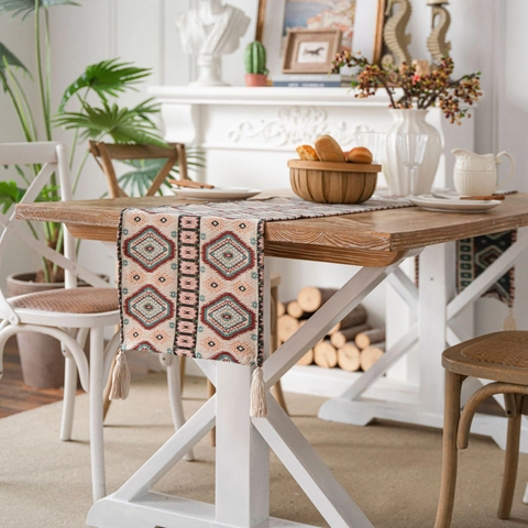 Bohemian Tafelloper met Kwastjes Amerikaans Retro Jacquard Geometrisch Bloemenpatroon Geweven Polyester Katoen Tafelkleed Decor